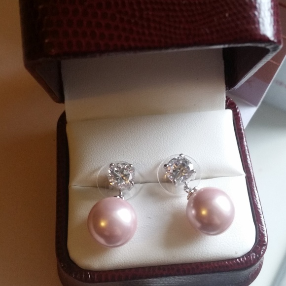 Jewelry - CZ Stud Earrings With Drop Imitation Pink Pearl